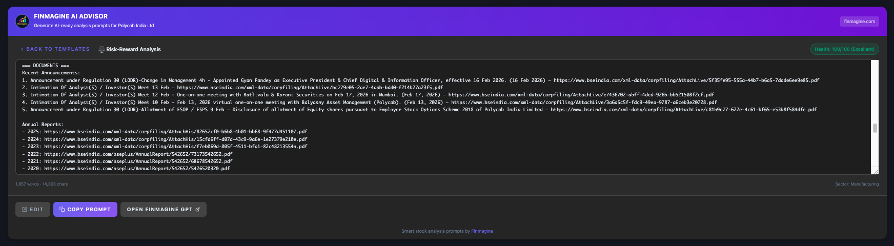Documents section of the Finmagine AI Advisor prompt for Polycab showing concall transcripts, PPTs, annual reports, and credit ratings with BSE PDF links